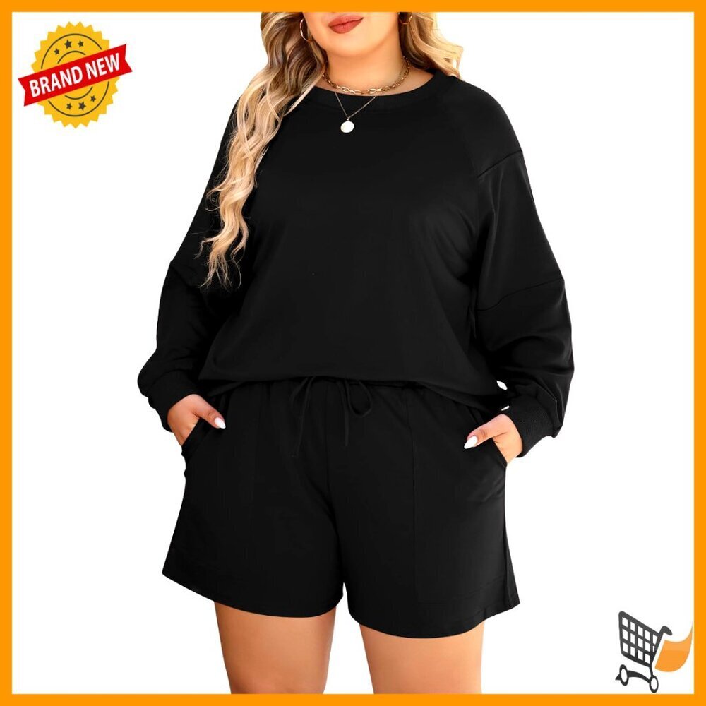 Plus Size Lounge Set Casual Long Sleeve Top Shorts Matching Outfit 2 Piece